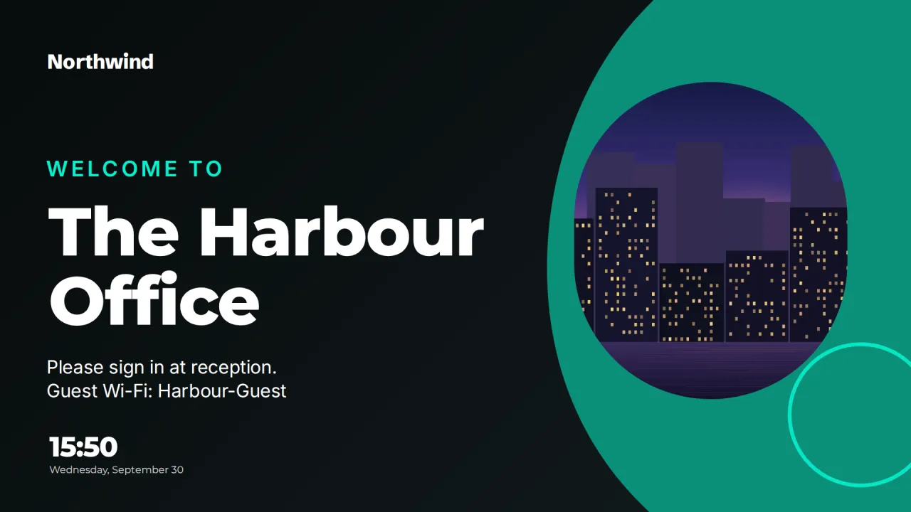Lobby welcome screen with logo, photo and the time